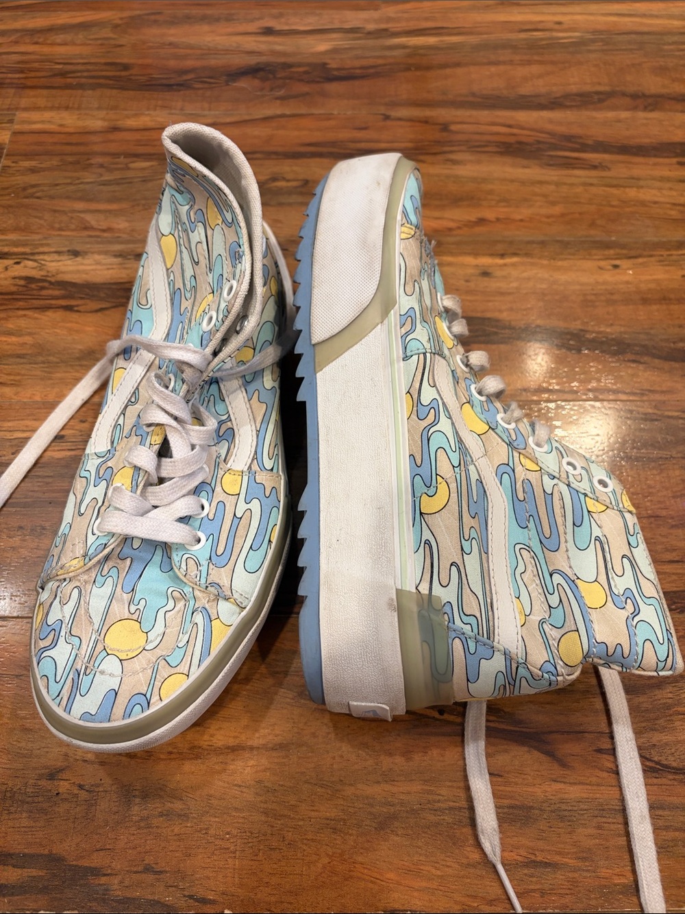 Vans High-Top Sneakers in Light Blue, Yellow & White Abstract Print